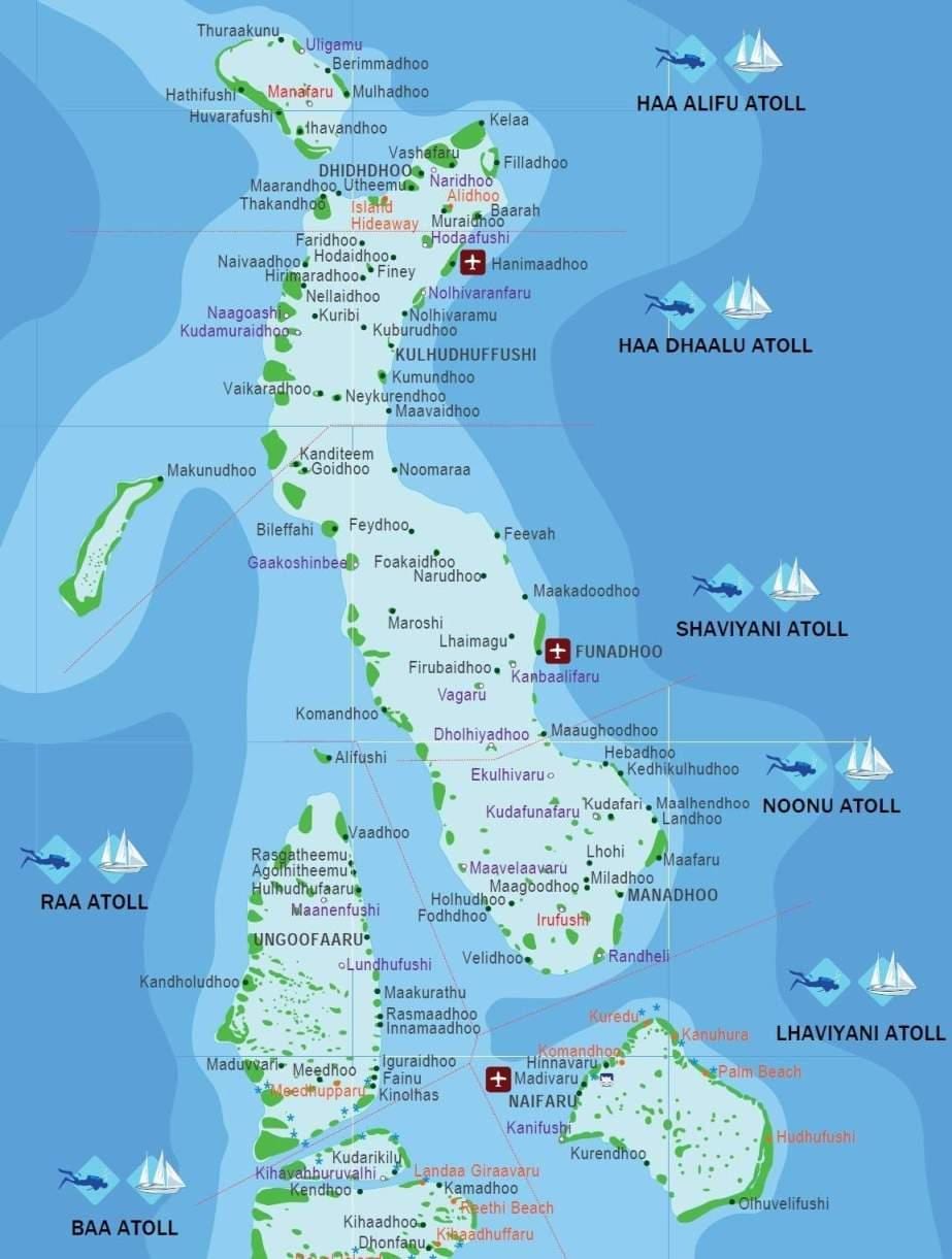 mapa maledivy pláže